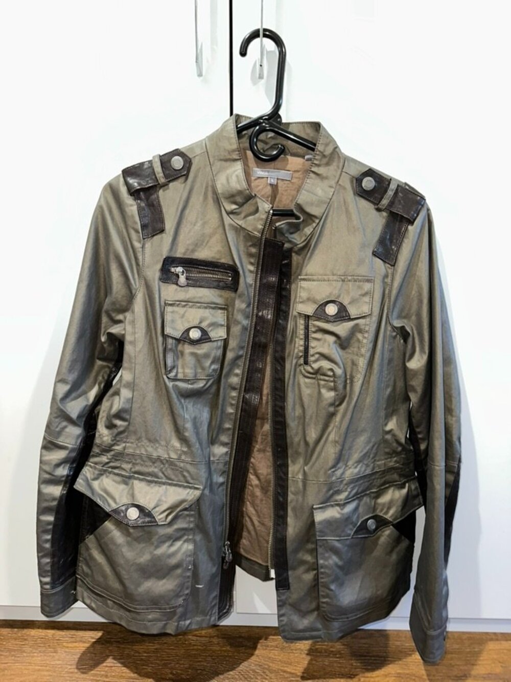 Vince Coated Cotton Leather Trim Utility Jacket Women's L Olive Brown